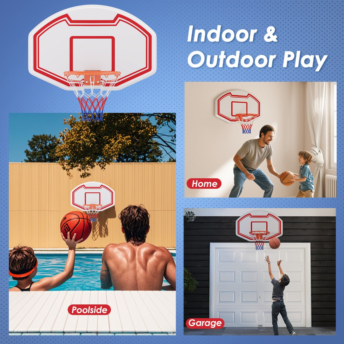 LIVSK Wandmontage Basketbalkorf - Onbreekbaar PE-backboard 91 x 61 cm - Sterke metalen rand - Weerbestendig net - Wit + Rood