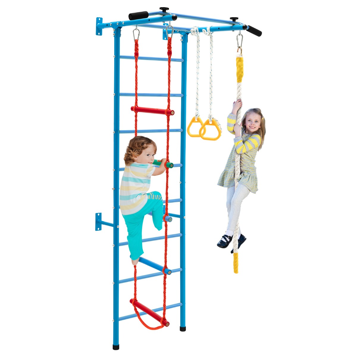 LIVSK Muurgymnastiekset voor Kinderen - Muurladder, Optrekstang, Touwladder, Touw, Gymnastiekringen - Stevig Koolstofstaal - Blauw