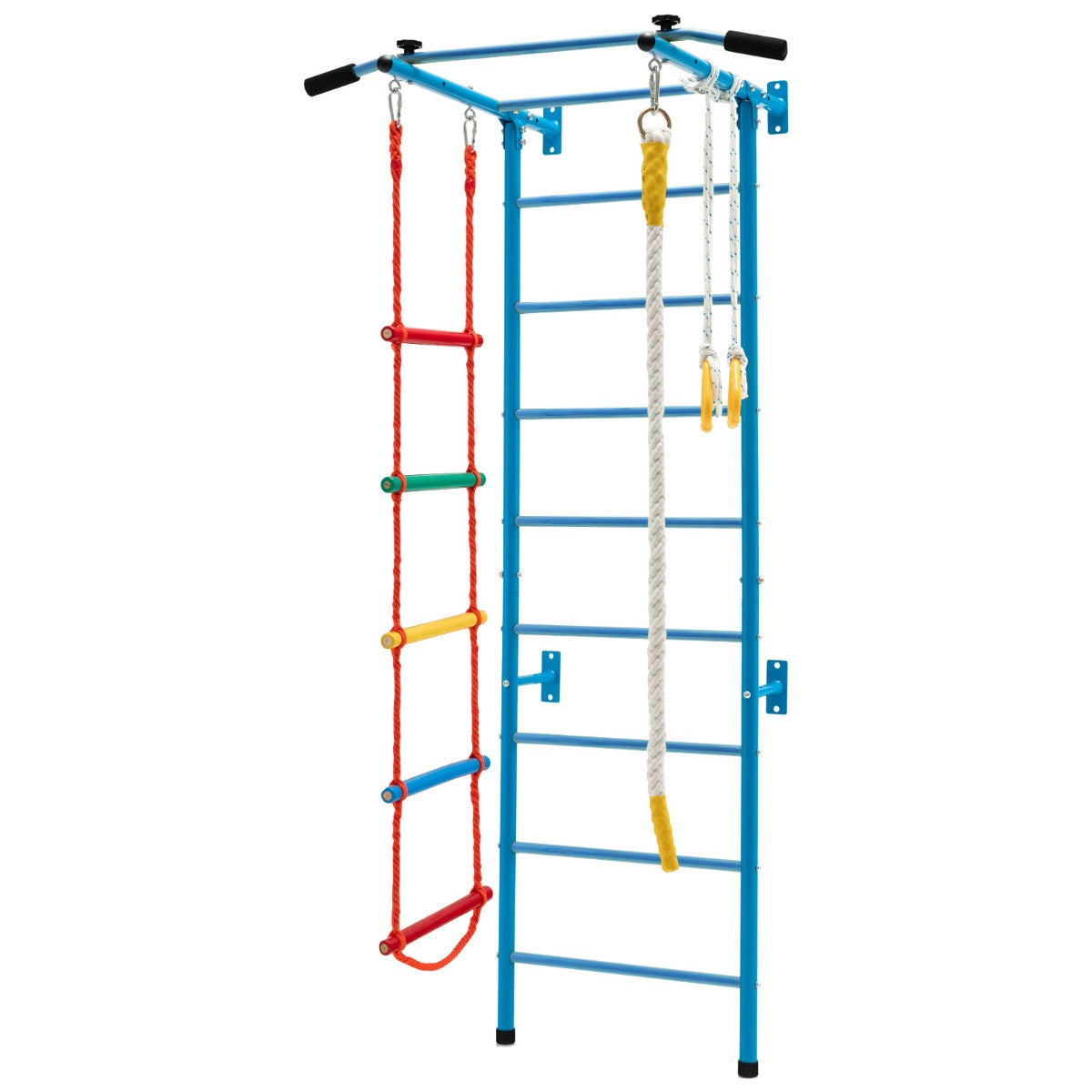LIVSK Muurgymnastiekset voor Kinderen - Muurladder, Optrekstang, Touwladder, Touw, Gymnastiekringen - Stevig Koolstofstaal - Blauw