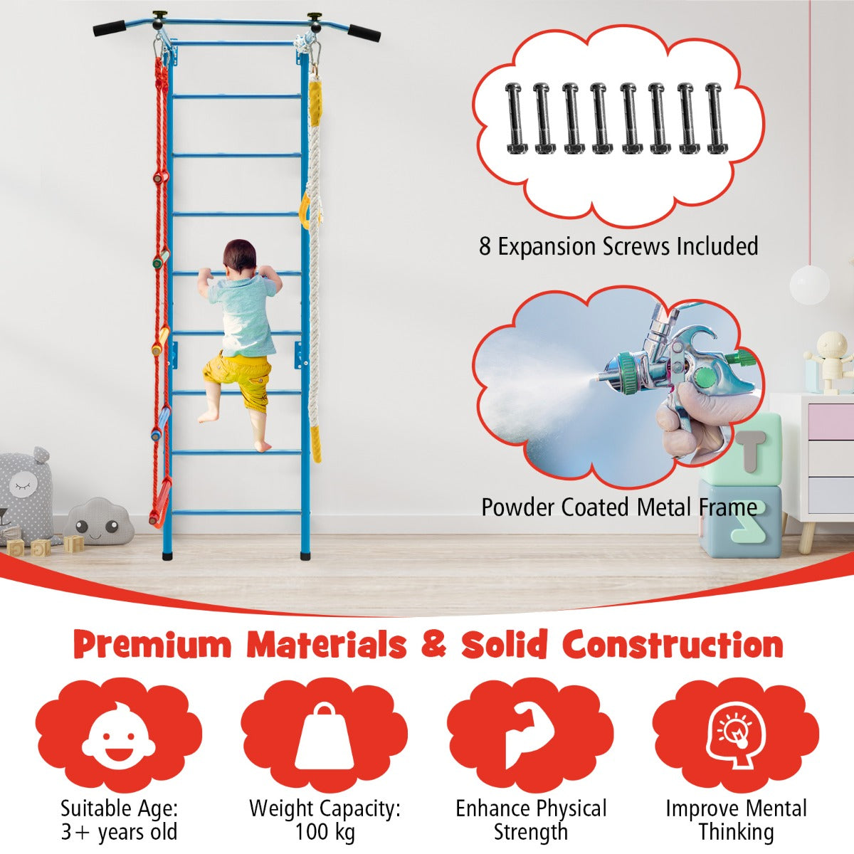 LIVSK Muurgymnastiekset voor Kinderen - Muurladder, Optrekstang, Touwladder, Touw, Gymnastiekringen - Stevig Koolstofstaal - Blauw