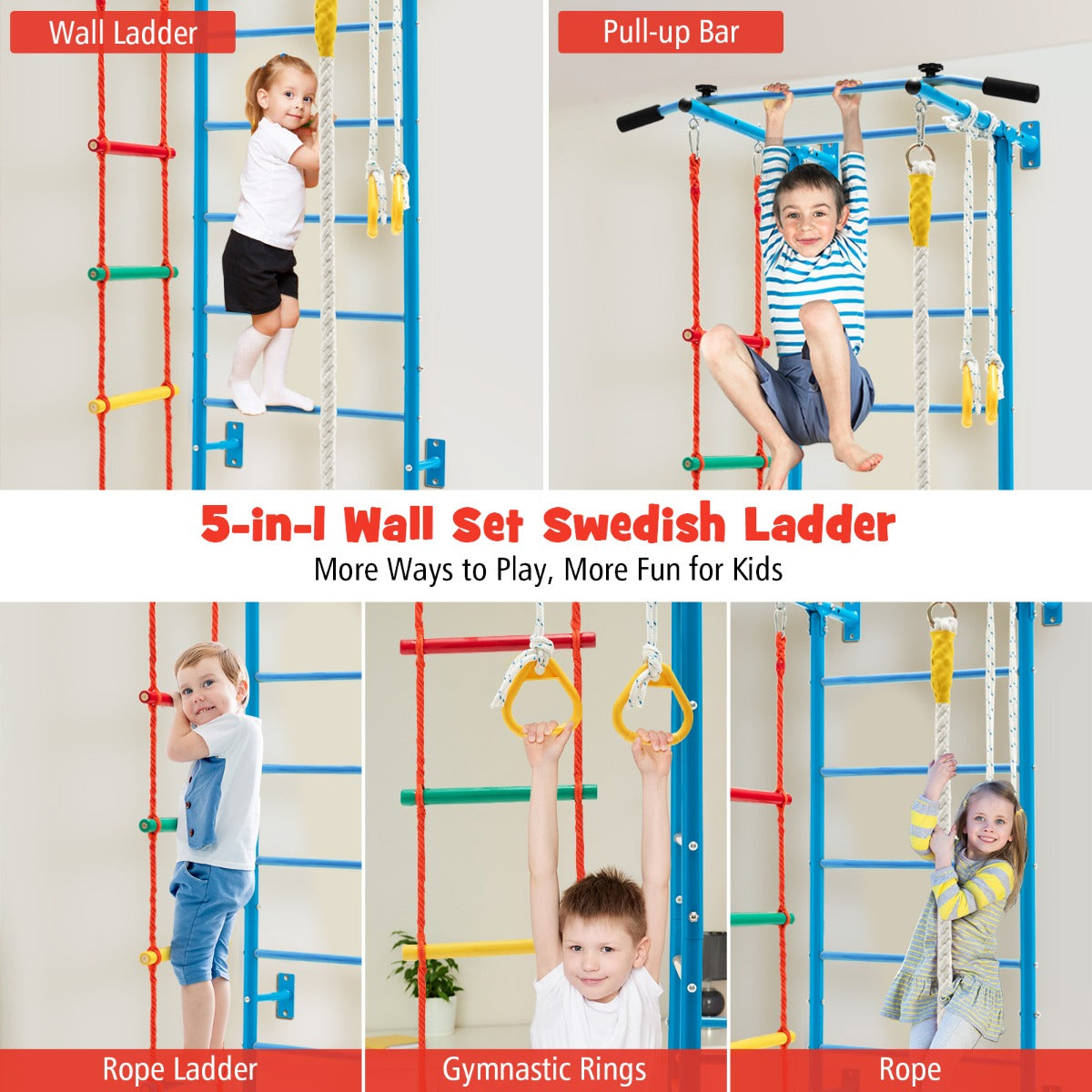 LIVSK Muurgymnastiekset voor Kinderen - Muurladder, Optrekstang, Touwladder, Touw, Gymnastiekringen - Stevig Koolstofstaal - Blauw