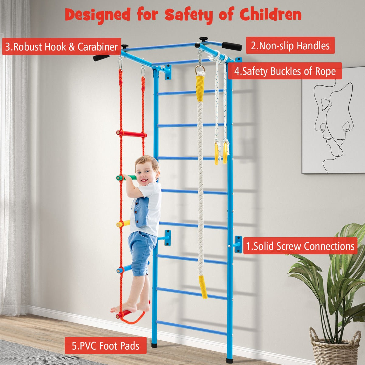 LIVSK Muurgymnastiekset voor Kinderen - Muurladder, Optrekstang, Touwladder, Touw, Gymnastiekringen - Stevig Koolstofstaal - Blauw