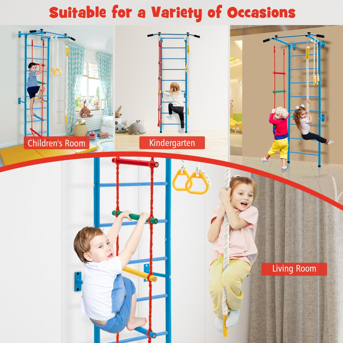 LIVSK Muurgymnastiekset voor Kinderen - Muurladder, Optrekstang, Touwladder, Touw, Gymnastiekringen - Stevig Koolstofstaal - Blauw