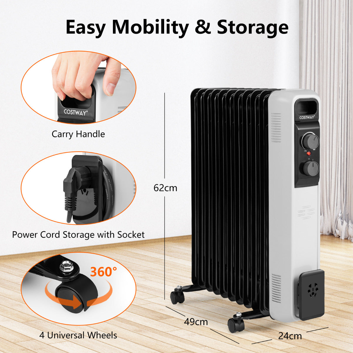 LIVSK Oliegevulde Elektrische Radiator - 3 Warmtestanden - Instelbare Thermostaat - Veiligheidsopties - Draagbaar - Zwart
