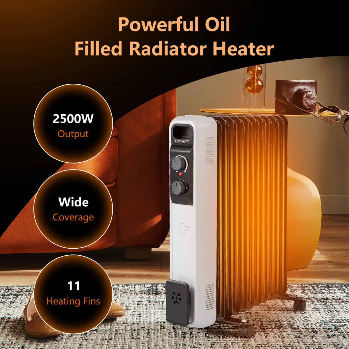 LIVSK Oliegevulde Elektrische Radiator - 3 Warmtestanden - Instelbare Thermostaat - Veiligheidsopties - Draagbaar - Zwart