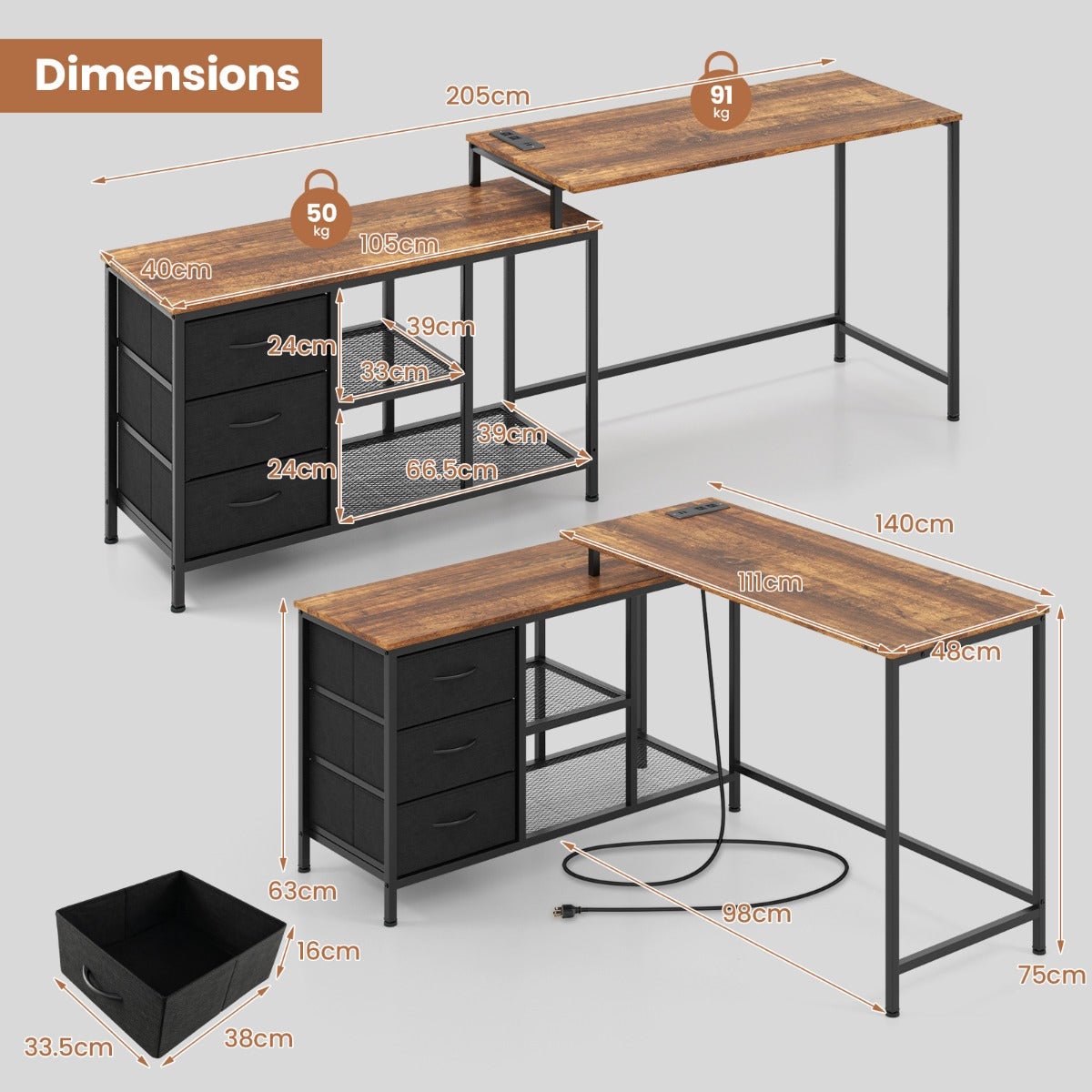 LIVSK 2-in-1 L-vormig Bureau - Uitbreidbaar tot 205 cm - Geïntegreerde Stopcontacten - Opbergkast - Bruin