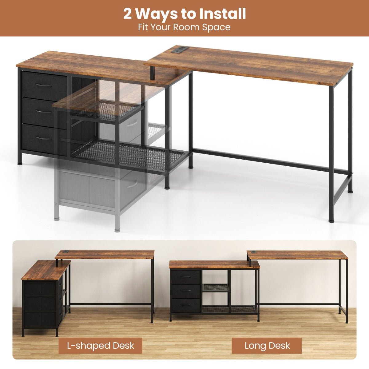 LIVSK 2-in-1 L-vormig Bureau - Uitbreidbaar tot 205 cm - Geïntegreerde Stopcontacten - Opbergkast - Bruin