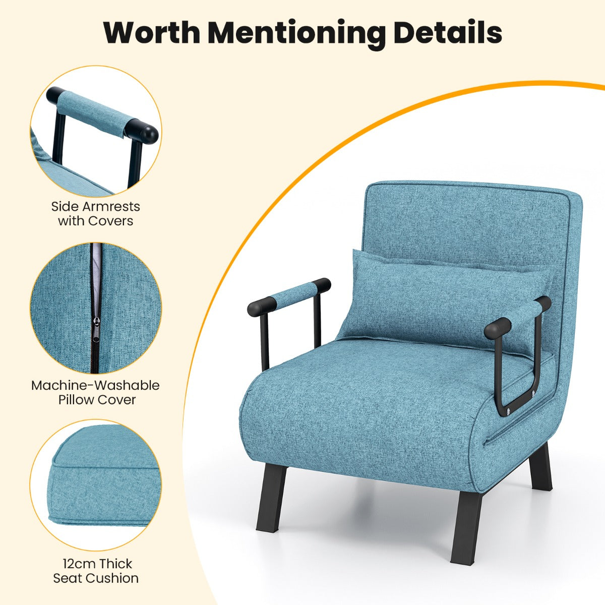 LIVSK Omkeerbare Slaapstoel - 4-in-1 Fauteuil, Ligstoel en Bed - 6 Verstelbare Posities - Comfortabel Linnen - Turquoise