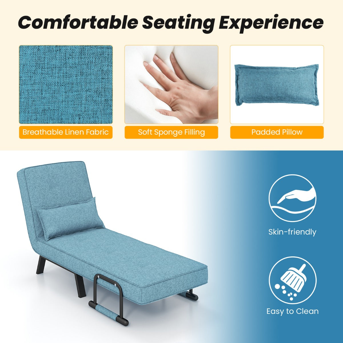 LIVSK Omkeerbare Slaapstoel - 4-in-1 Fauteuil, Ligstoel en Bed - 6 Verstelbare Posities - Comfortabel Linnen - Turquoise