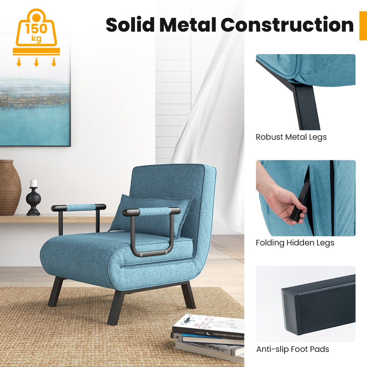 LIVSK Omkeerbare Slaapstoel - 4-in-1 Fauteuil, Ligstoel en Bed - 6 Verstelbare Posities - Comfortabel Linnen - Turquoise