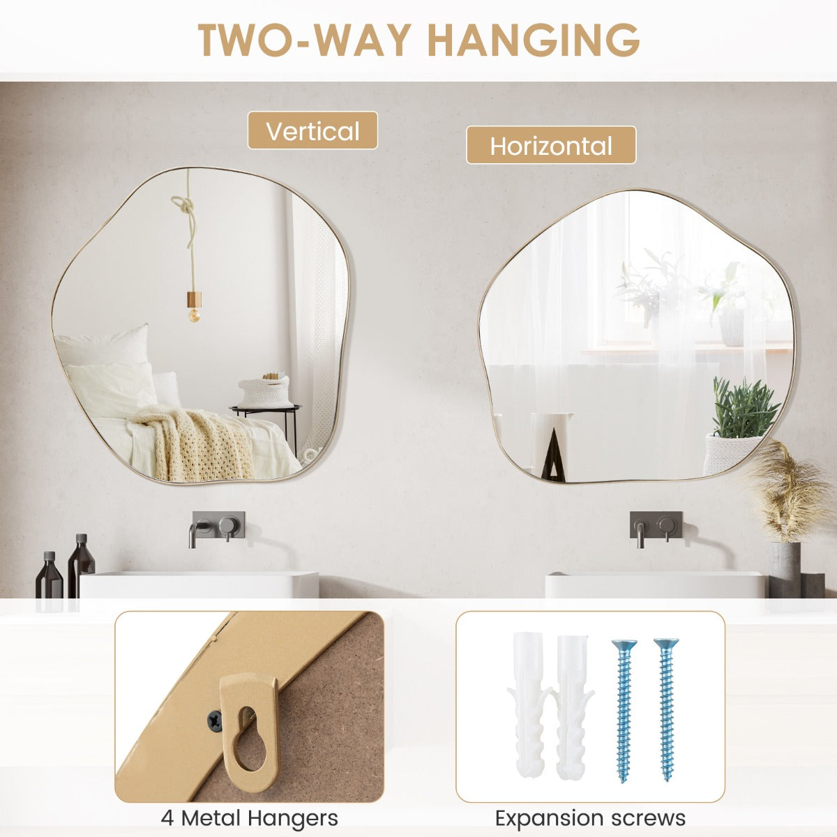 LIVSK Wandspiegel - Uniek Asymmetrisch Design - HD Reflectie - Duurzaam Glas met Metalen Frame - Eenvoudige Installatie - Goud