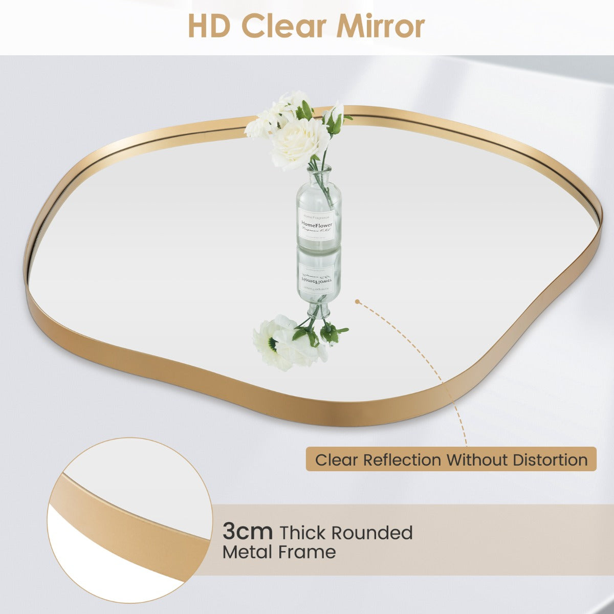 LIVSK Wandspiegel - Uniek Asymmetrisch Design - HD Reflectie - Duurzaam Glas met Metalen Frame - Eenvoudige Installatie - Goud