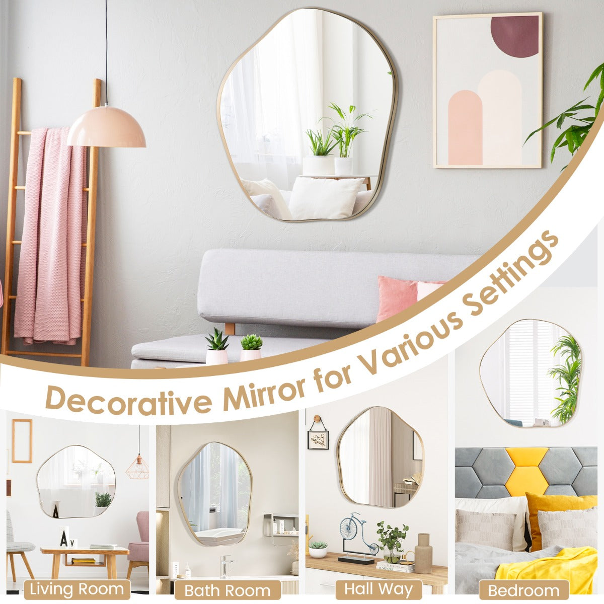 LIVSK Wandspiegel - Uniek Asymmetrisch Design - HD Reflectie - Duurzaam Glas met Metalen Frame - Eenvoudige Installatie - Goud
