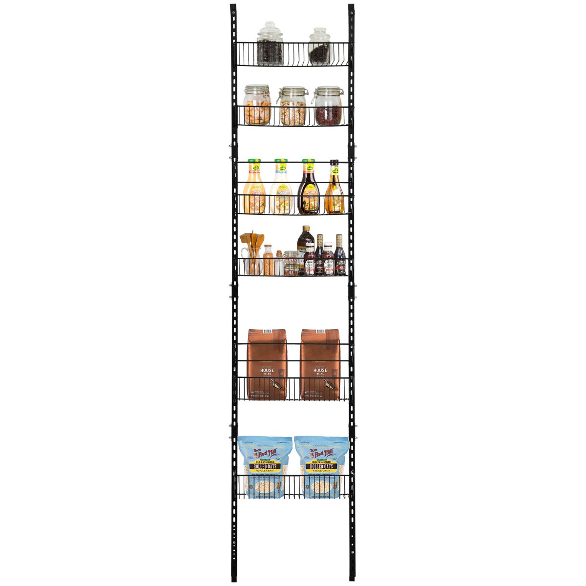 LIVSK Wandorganizer met 6 Manden - Verstelbaar en Ruimtebesparend - Roestbestendig - Stevig Ijzer - 43 x 13 x 196,5 cm - Zwart
