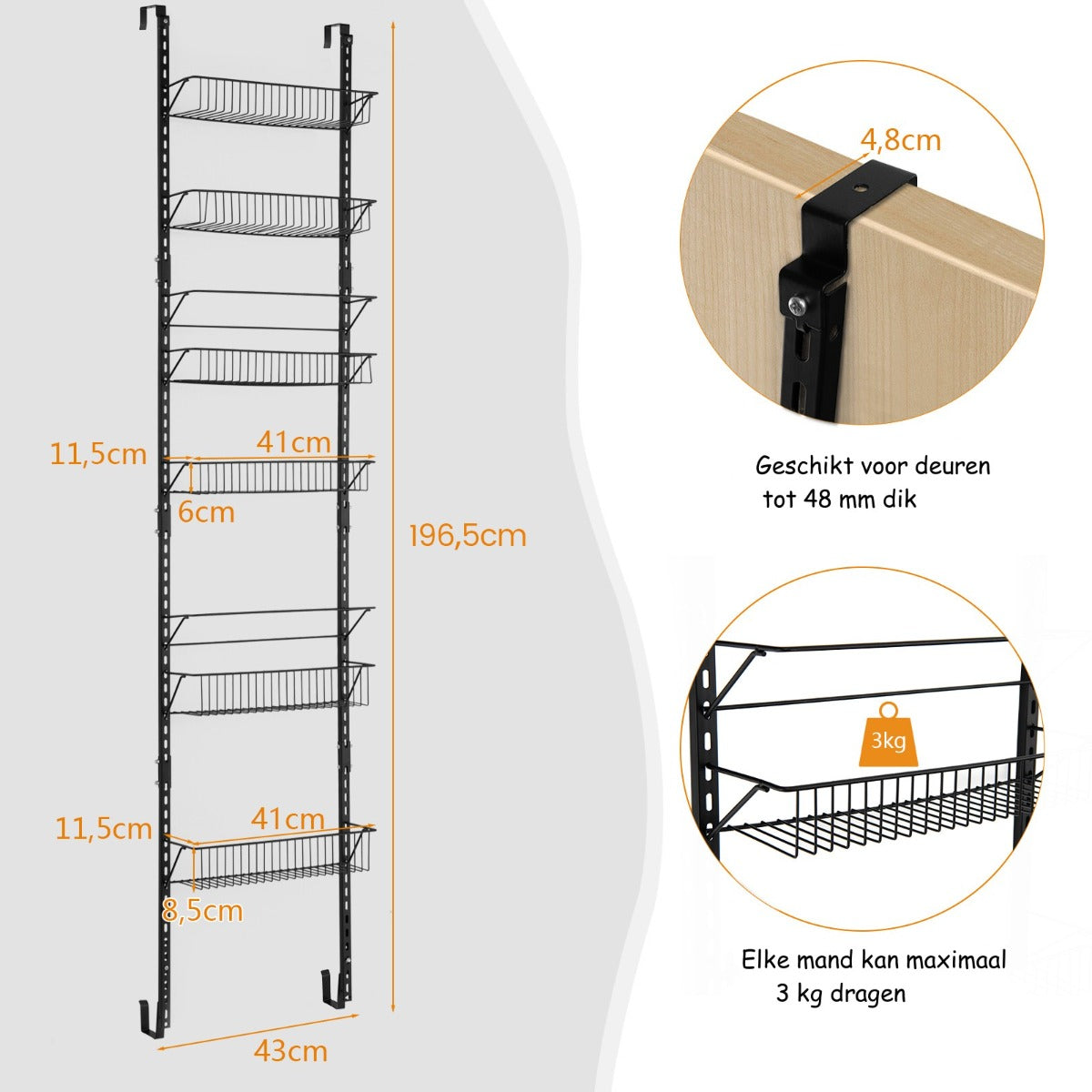 LIVSK Wandorganizer met 6 Manden - Verstelbaar en Ruimtebesparend - Roestbestendig - Stevig Ijzer - 43 x 13 x 196,5 cm - Zwart