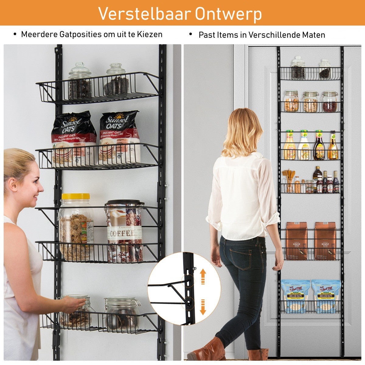 LIVSK Wandorganizer met 6 Manden - Verstelbaar en Ruimtebesparend - Roestbestendig - Stevig Ijzer - 43 x 13 x 196,5 cm - Zwart