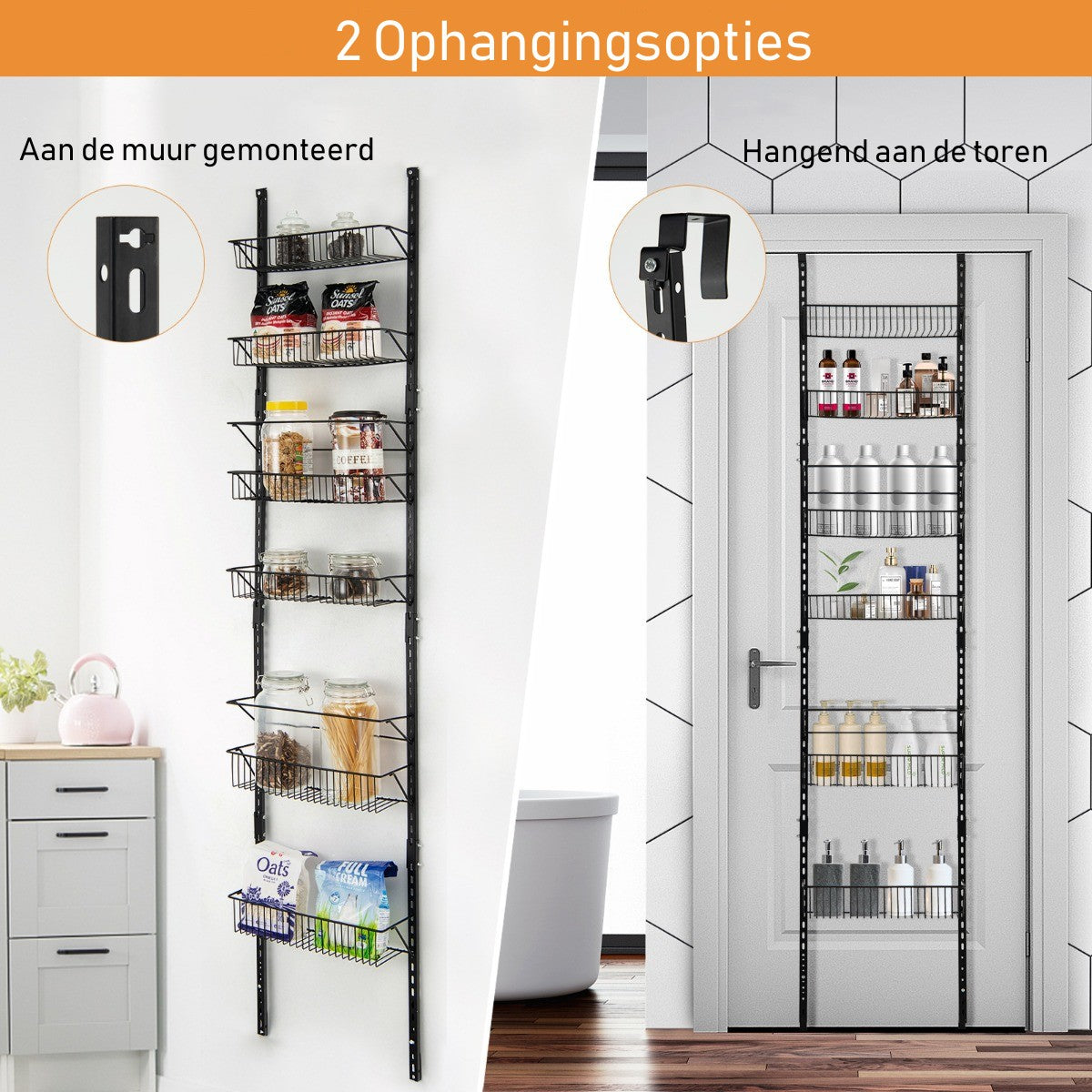 LIVSK Wandorganizer met 6 Manden - Verstelbaar en Ruimtebesparend - Roestbestendig - Stevig Ijzer - 43 x 13 x 196,5 cm - Zwart