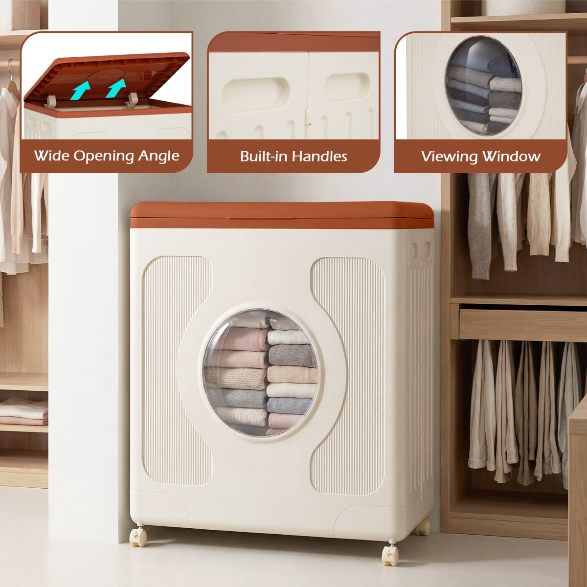 Livsk costway opbergbox voor kleding met deksel en wieltjes 45 l rolbare wasmand met transparant venster oranje 6