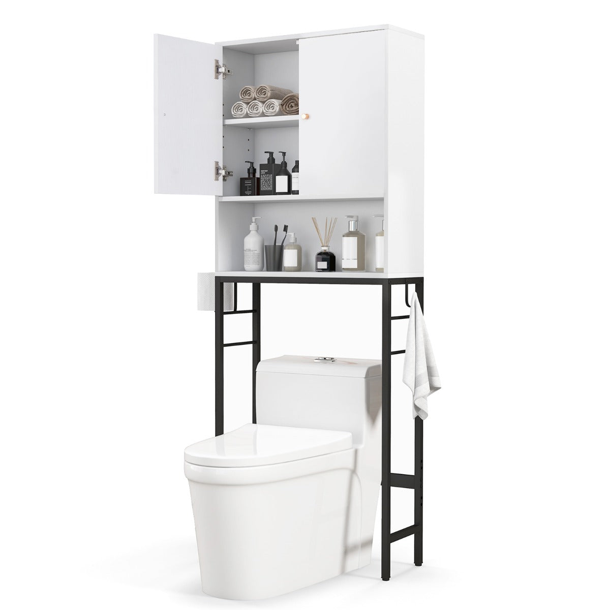 LIVSK Staande Toiletkast - Vrijstaand met 2 Deuren en Zijhaken - Verstelbare Plank - Water- en Roestbestendig - Natuurlijk/Wit
