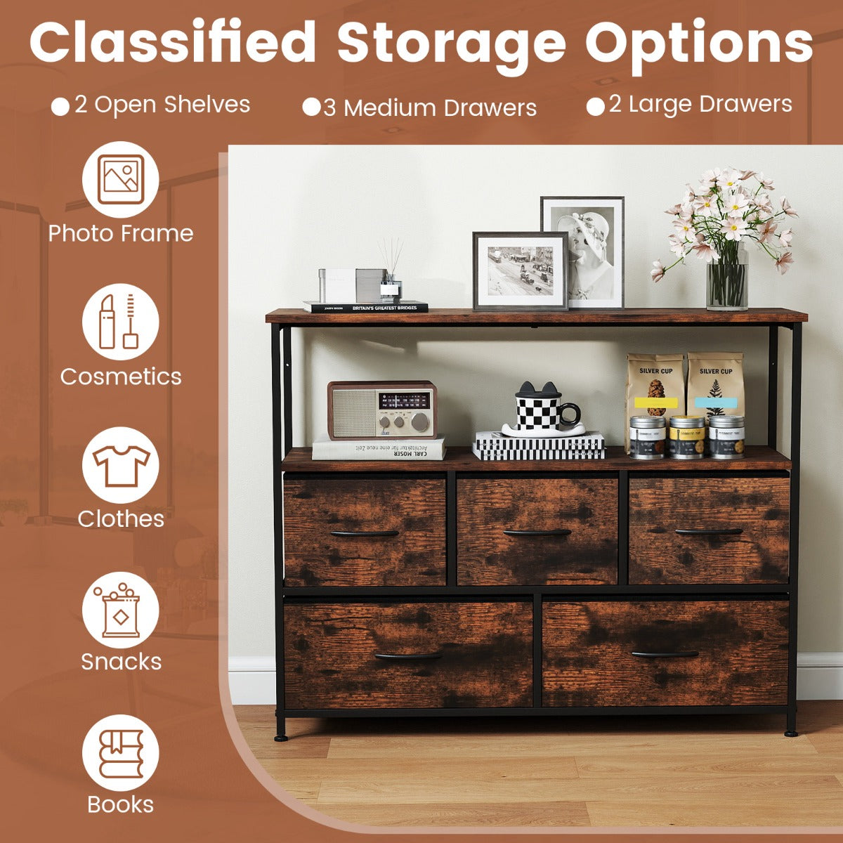 Livsk costway opbergkast brede kast met 2 open houten planken 5 lades en een robuust metalen frame bruin 3