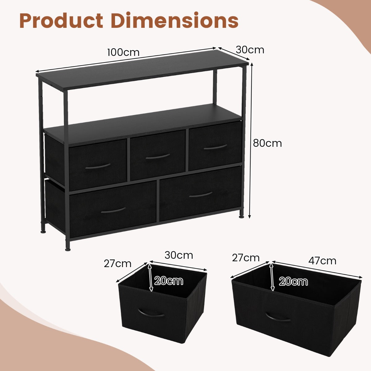 Livsk costway opbergkast brede kast met 2 open houten planken 5 lades en een robuust metalen frame zwart 1 1
