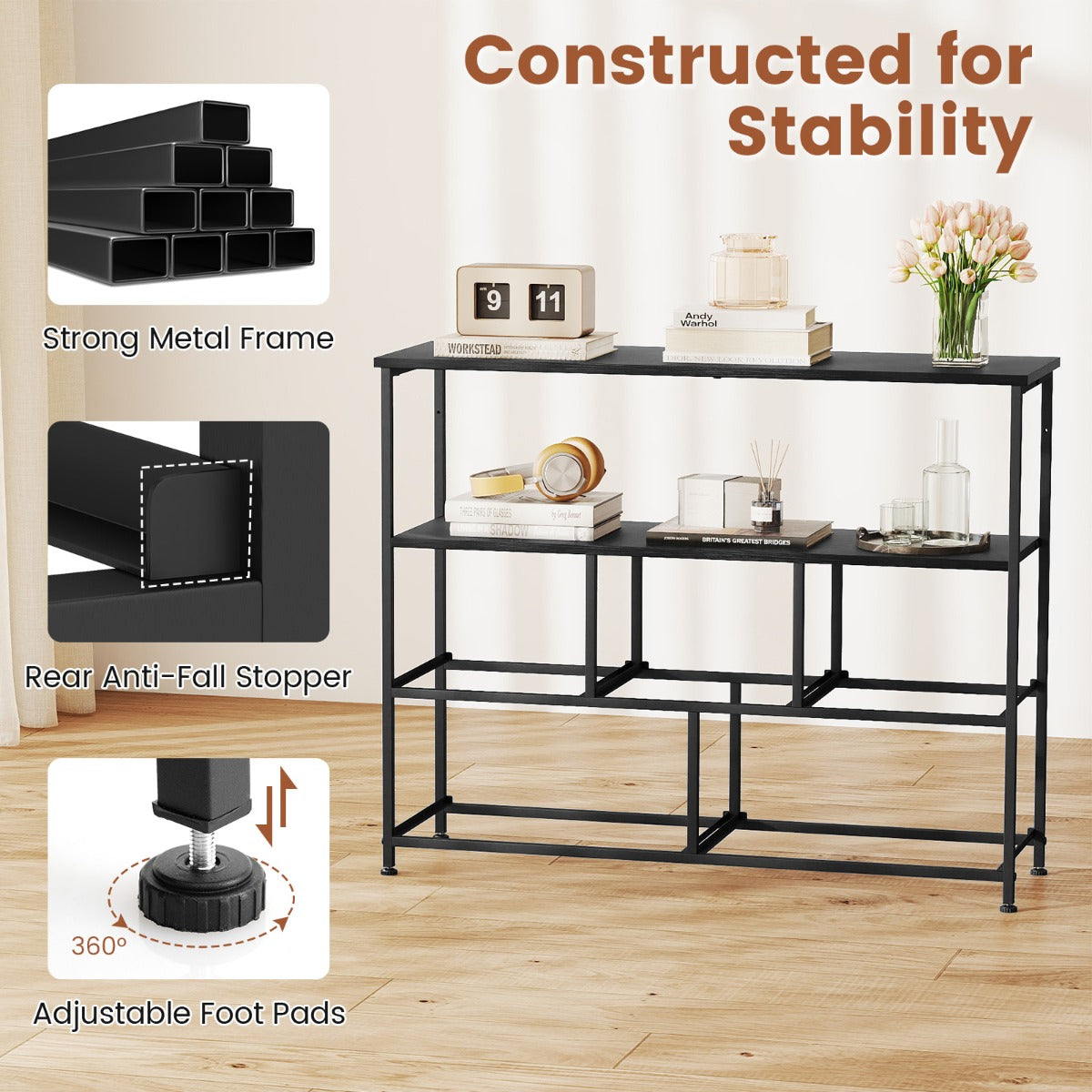 Livsk costway opbergkast brede kast met 2 open houten planken 5 lades en een robuust metalen frame zwart 5