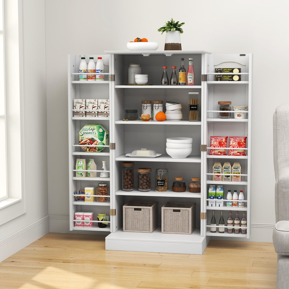 Livsk costway opbergkast keukenkast vrijstaande buffetkast met 2 deuren en 6 verstelbare planken multifunctionele kast 60 x 40 x 120 cm wit 6