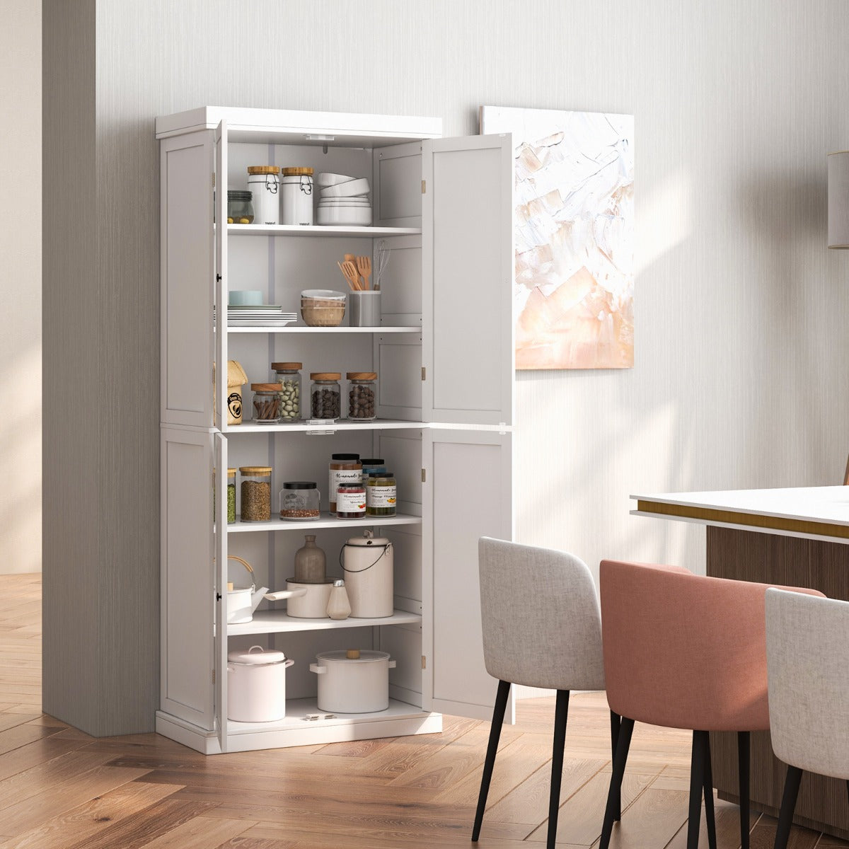 Livsk costway opbergkast met 4 deuren keukenkast vrijstaande hoge kast met 6 planken en 2 verstelbare planken voor eetkamer woonkamer 6