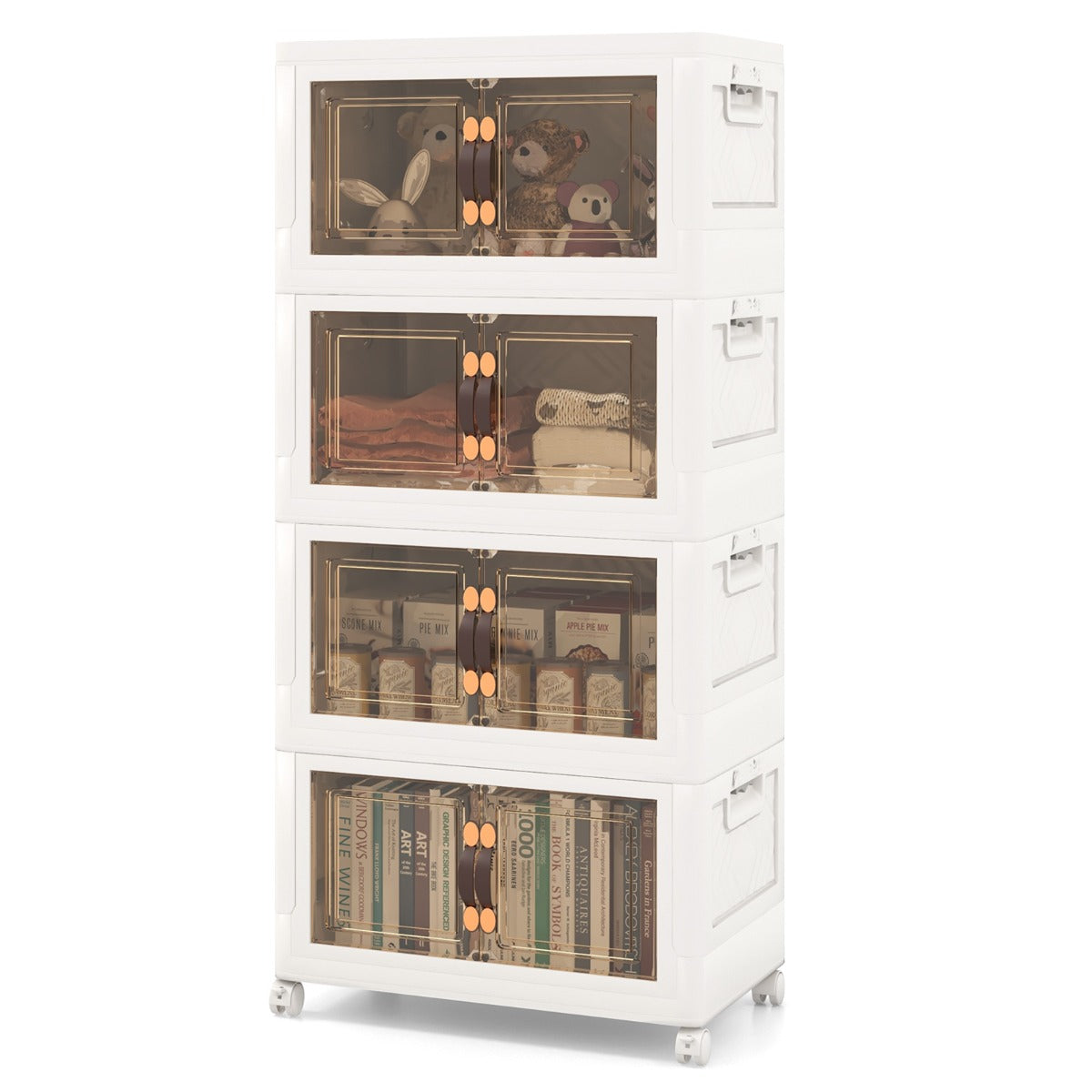 LIVSK Opbergkast met 4 Opvouwbare Bakken - Grote Capaciteit - Vergrendelbare Wielen - Voor Kleding en Speelgoed - Wit + Bruin
