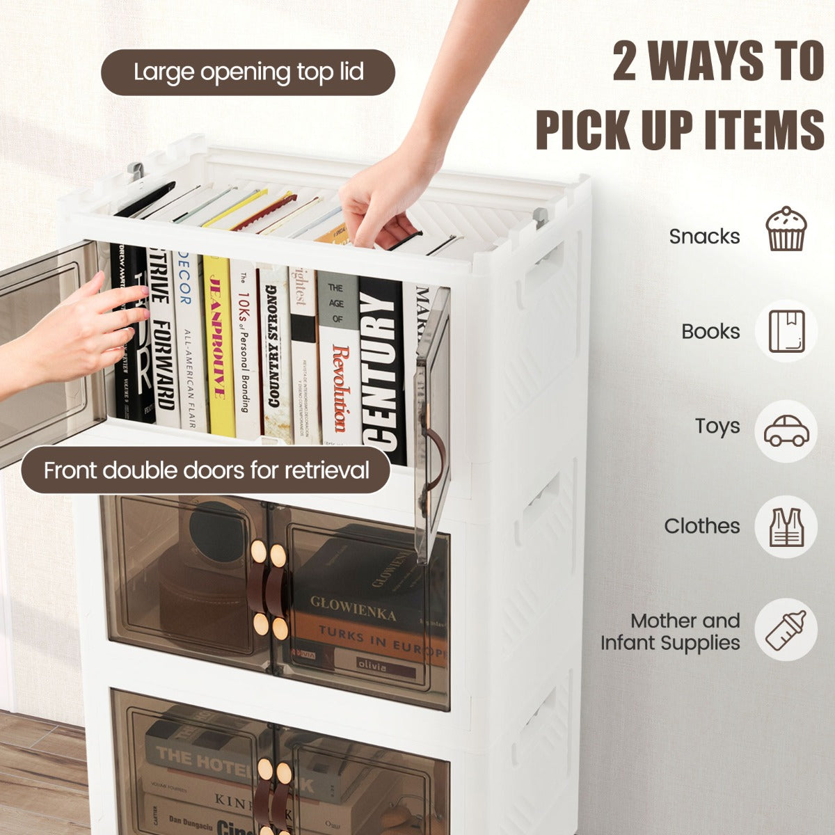 LIVSK Opbergkast met 4 Opvouwbare Bakken - Grote Capaciteit - Vergrendelbare Wielen - Voor Kleding en Speelgoed - Wit + Bruin