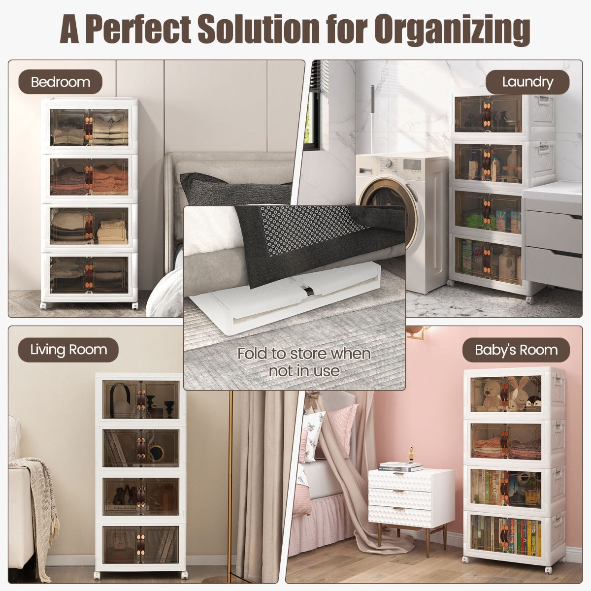 LIVSK Opbergkast met 4 Opvouwbare Bakken - Grote Capaciteit - Vergrendelbare Wielen - Voor Kleding en Speelgoed - Wit + Bruin