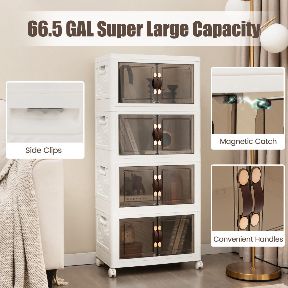 LIVSK Opbergkast met 4 Opvouwbare Bakken - Grote Capaciteit - Vergrendelbare Wielen - Voor Kleding en Speelgoed - Wit + Bruin