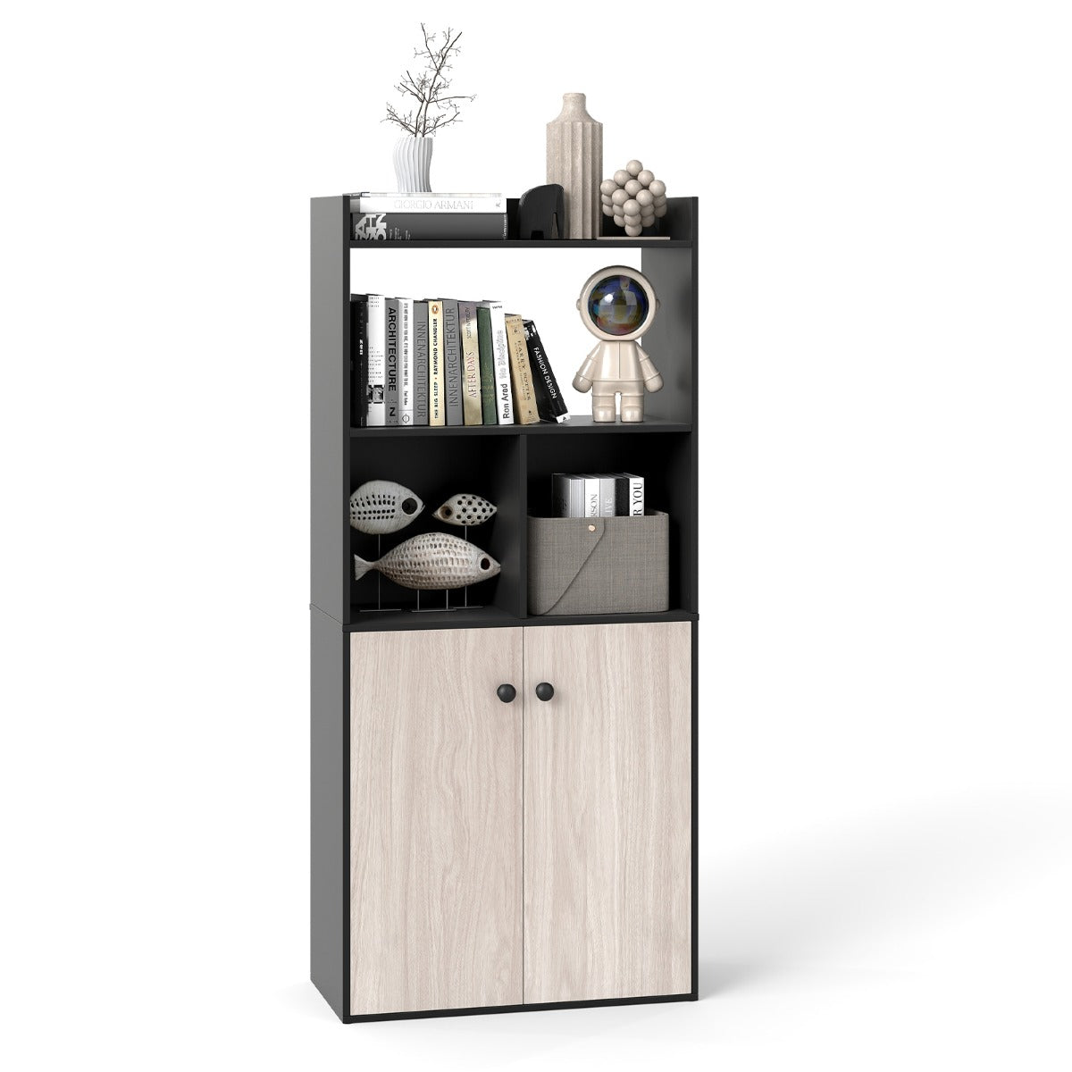 Livsk costway opbergkast met 5 niveaus boekenkast met 2 open planken 2 compartimenten houten boekenkast met kastdeuren 1 1