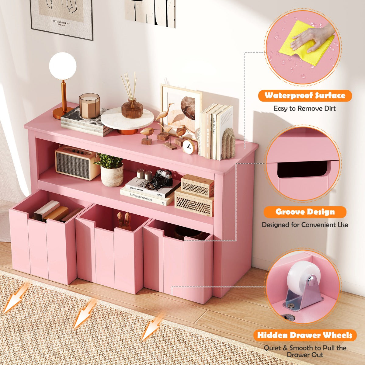 LIVSK Opbergkast op Wielen - Drie Lades - Duurzaam en Waterdicht - Multifunctioneel - 101 x 33 x 62 cm - Roze