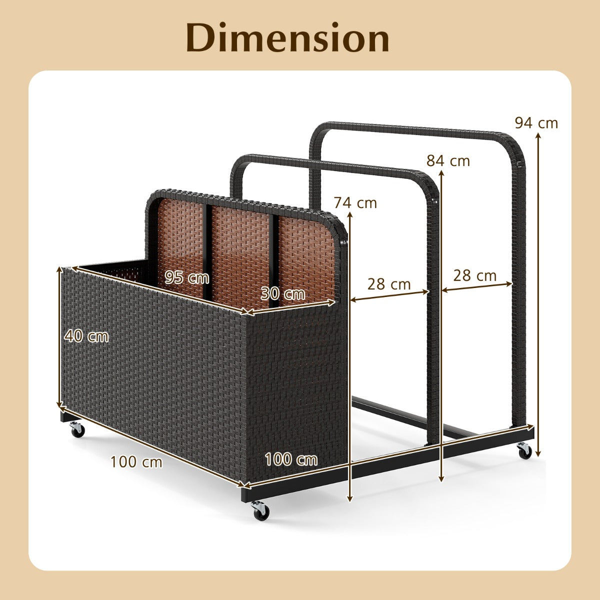 LIVSK zwemhulpmiddelen-opbergorganisator - 2 open vakken - Weerbestendig - Met wielen - 100 x 100 x 94 cm - Bruin/Zwart