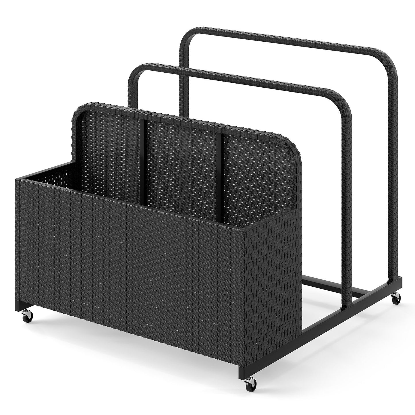 LIVSK Zwembadorganizer met Wielen - 2 Open Vakken - Weerbestendig PE-Riet - Duurzaam Metalen Frame - 100 x 100 x 94 cm - Zwart