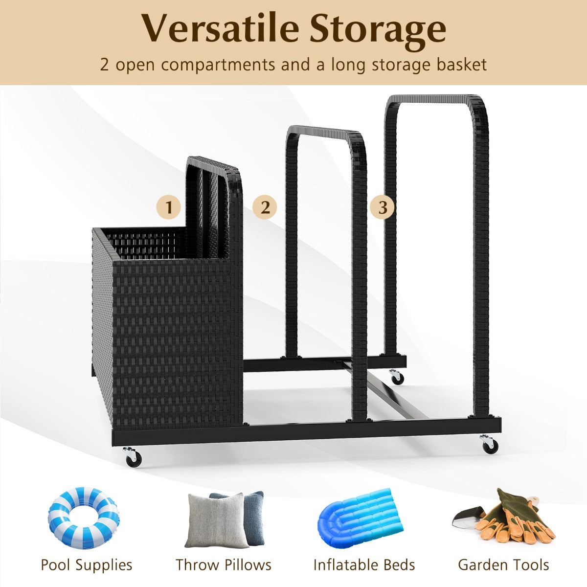 LIVSK Zwembadorganizer met Wielen - 2 Open Vakken - Weerbestendig PE-Riet - Duurzaam Metalen Frame - 100 x 100 x 94 cm - Zwart