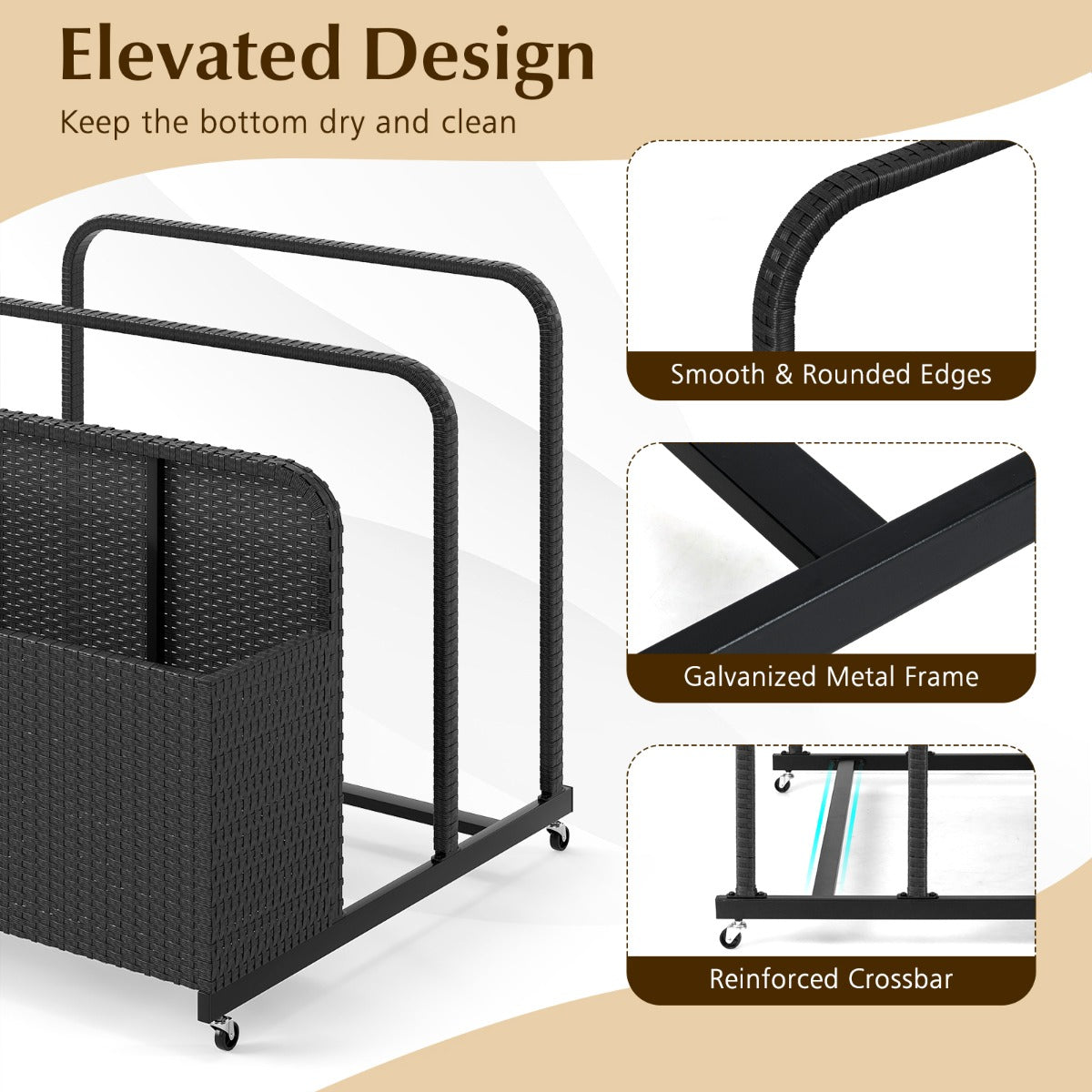 LIVSK Zwembadorganizer met Wielen - 2 Open Vakken - Weerbestendig PE-Riet - Duurzaam Metalen Frame - 100 x 100 x 94 cm - Zwart