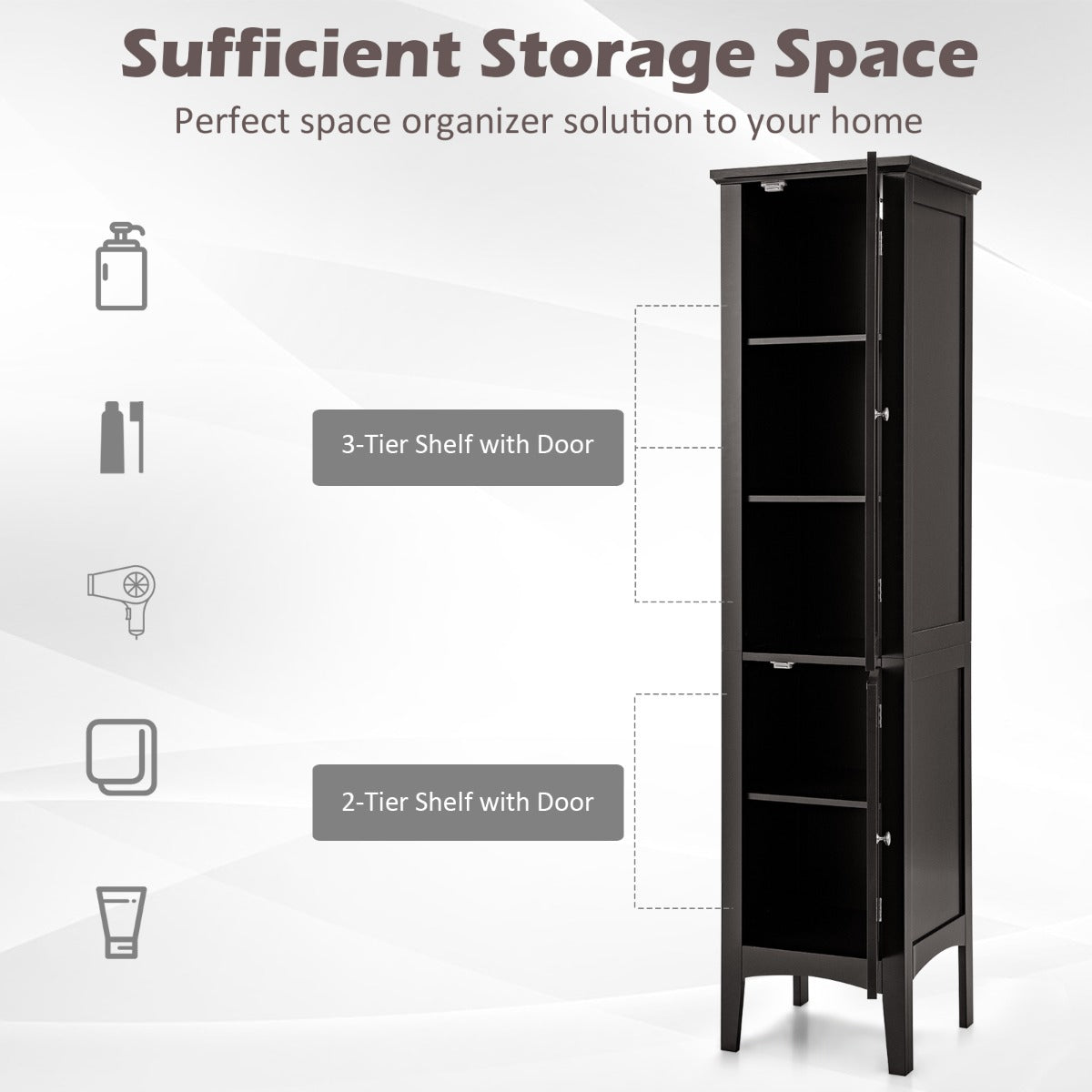 Livsk costway opbergmeubel voor badkamer staande kolom met 5 niveaus opbergkasten voor keuken woonkamer 37 x 37 x 160 cm koffie 5