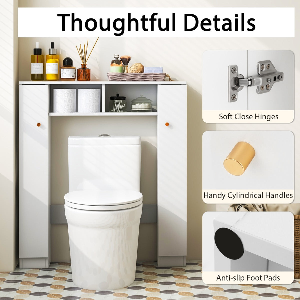 LIVSK Toilet-opbergkast - Verstelbare Planken - Dubbele Deur - Ruimtebesparend - Totale capaciteit 60 kg - Wit