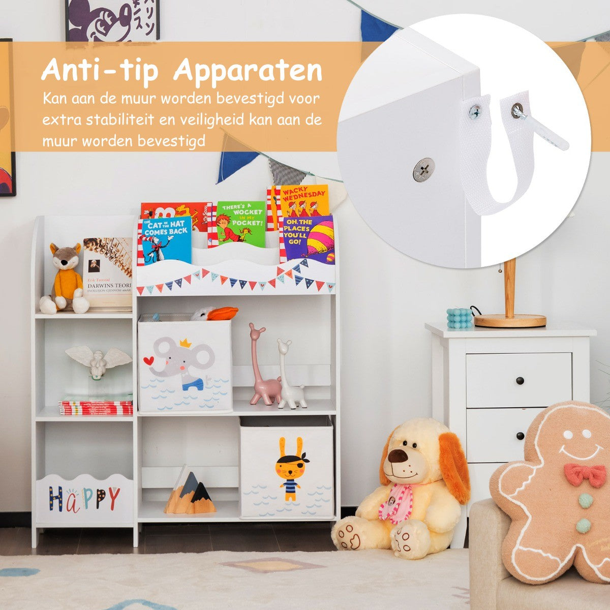 LIVSK Kinderopbergkast - 5 Vakken en 2 Stoffen Lades - Veilig met Kantelbeveiliging - 93 x 30 x 102 cm - Wit