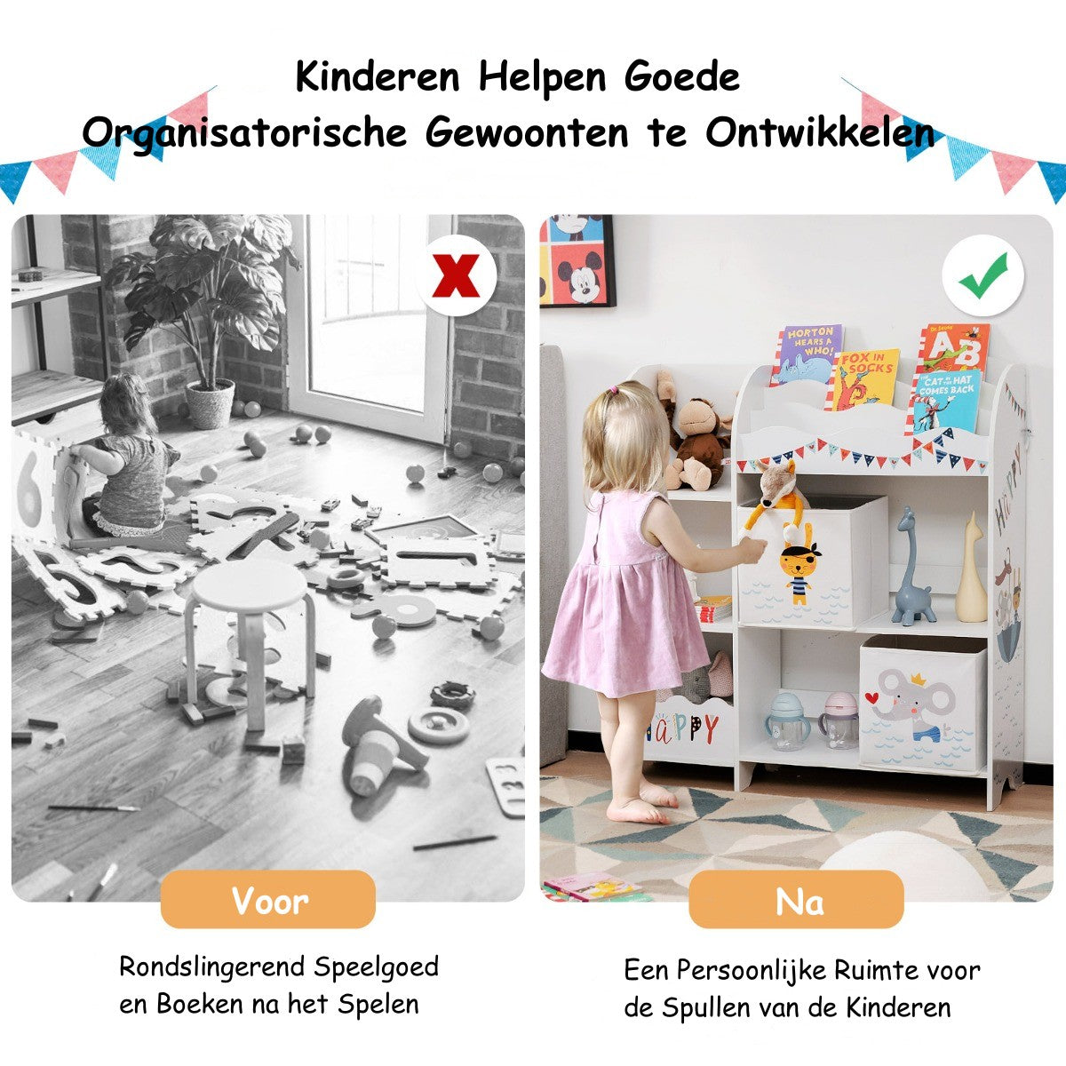 LIVSK Kinderopbergkast - 5 Vakken en 2 Stoffen Lades - Veilig met Kantelbeveiliging - 93 x 30 x 102 cm - Wit