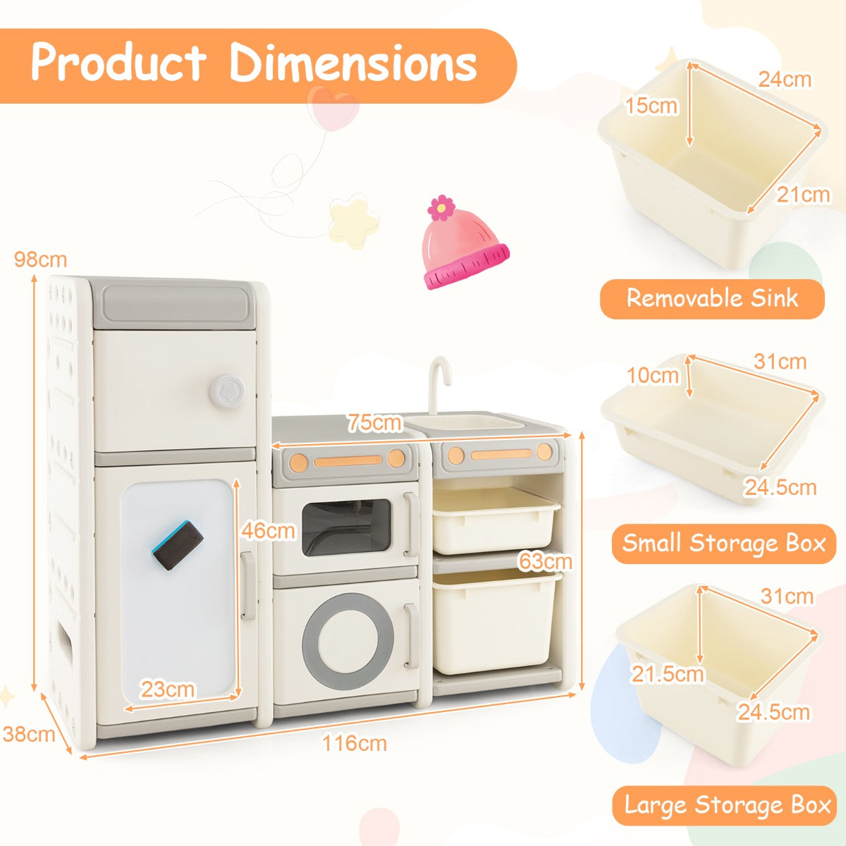 LIVSK Kinder opberg organizer en leertafel - Magnetisch whiteboard met 5 markers - Afneembare gootsteen - Beige + Grijs