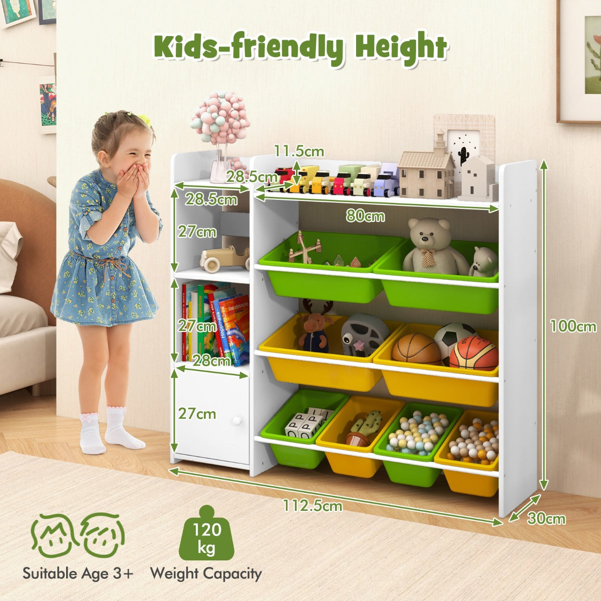 LIVSK 3-in-1 Kinderopbergorganiser - Met Planken, Speelgoedbakken en Kast - Kindveilig Ontwerp - 112,5 x 30 x 100 cm - Wit +