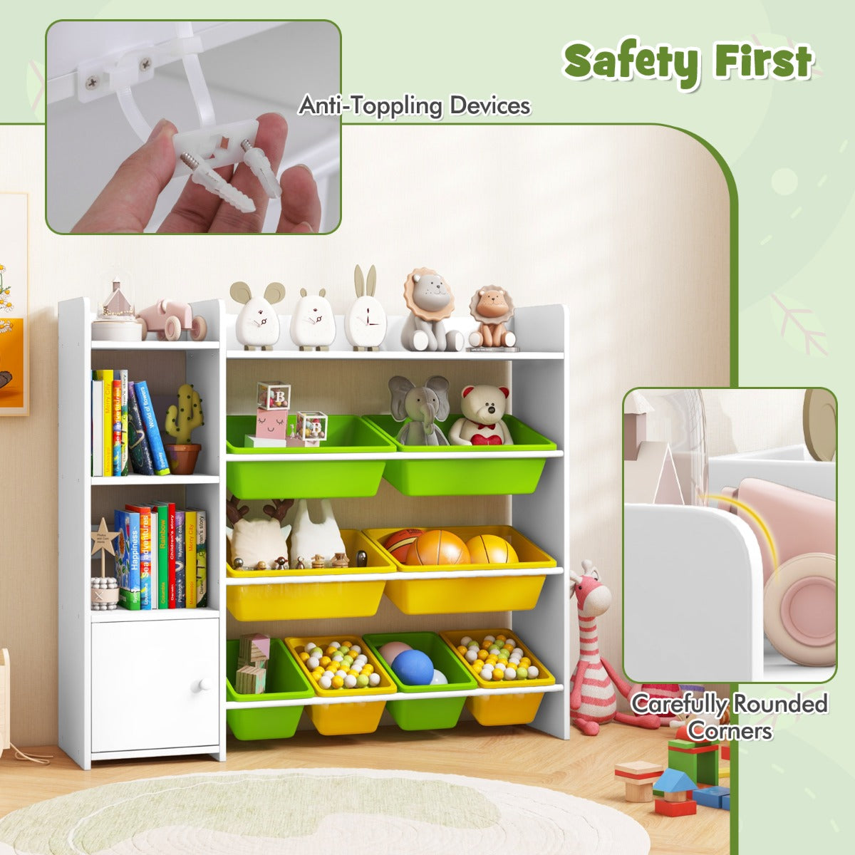 LIVSK 3-in-1 Kinderopbergorganiser - Met Planken, Speelgoedbakken en Kast - Kindveilig Ontwerp - 112,5 x 30 x 100 cm - Wit +