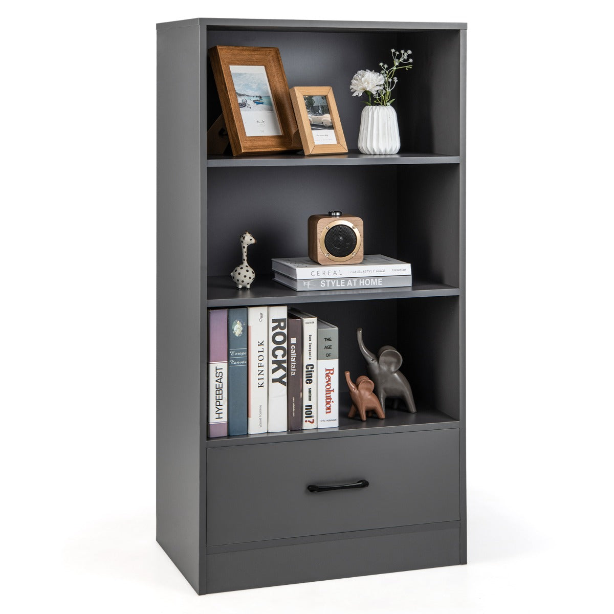 LIVSK Vrijstaand Opbergrek met 4 Niveaus - MDF - Anti-Kantelbeveiliging - Grote Lade - Tot 90 kg - 60 x 38 x 120 cm - Donkergrijs
