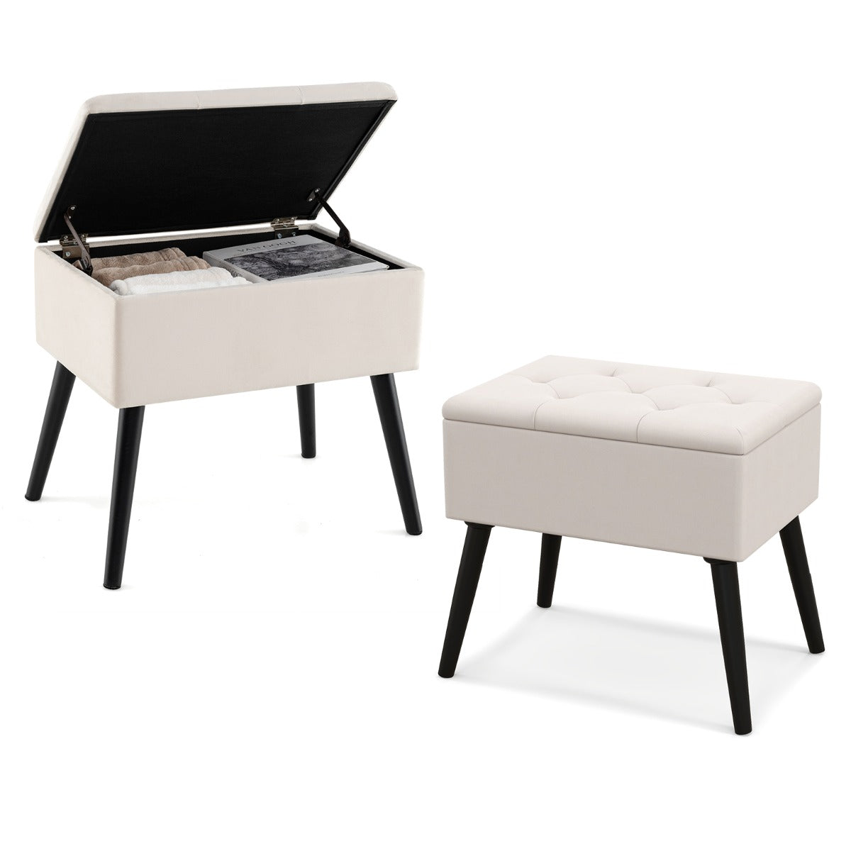 LIVSK Luxe Fluwelen Opbergkruk - Ondersteunend Zitkussen - Handige Opbergruimte - Tot 150 kg - Moderne Elegantie - Beige