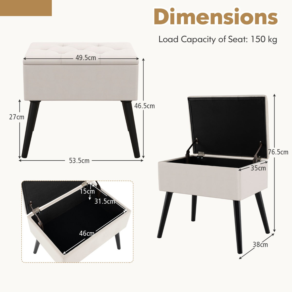 LIVSK Luxe Fluwelen Opbergkruk - Ondersteunend Zitkussen - Handige Opbergruimte - Tot 150 kg - Moderne Elegantie - Beige
