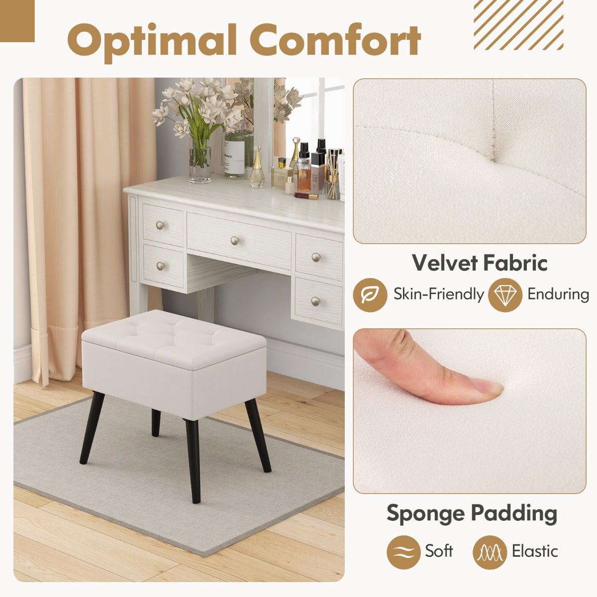 LIVSK Luxe Fluwelen Opbergkruk - Ondersteunend Zitkussen - Handige Opbergruimte - Tot 150 kg - Moderne Elegantie - Beige