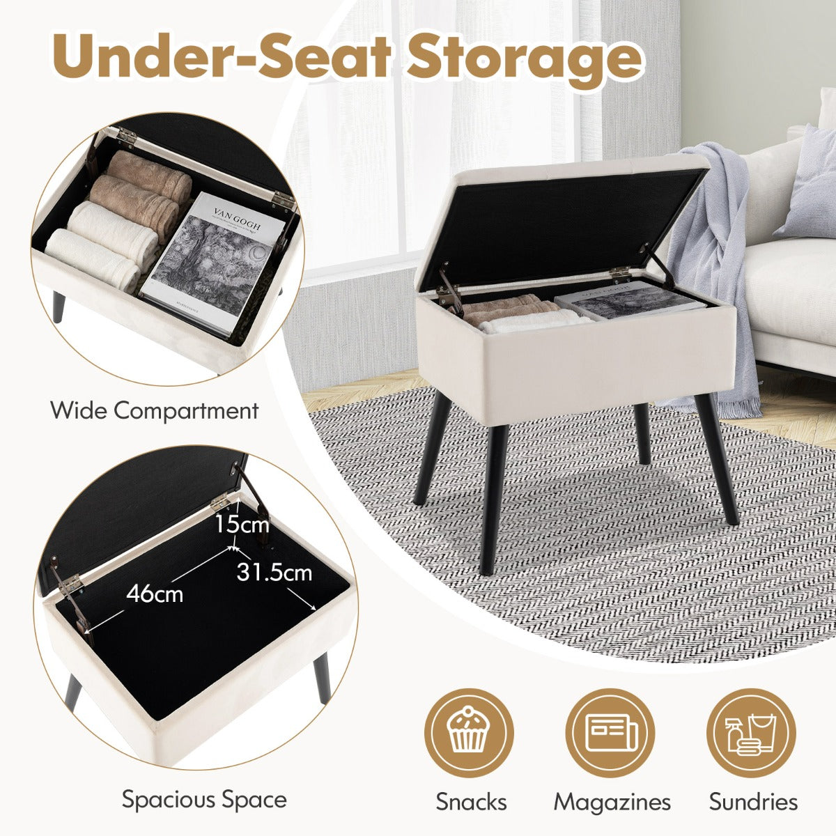 LIVSK Luxe Fluwelen Opbergkruk - Ondersteunend Zitkussen - Handige Opbergruimte - Tot 150 kg - Moderne Elegantie - Beige